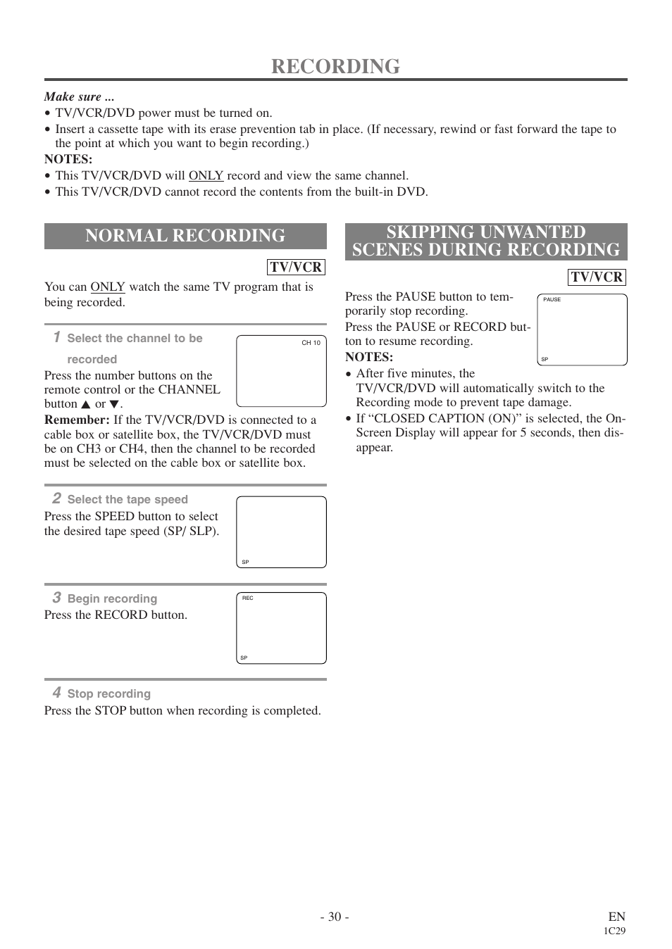 Recording, Normal recording, Skipping unwanted scenes during recording | Sylvania 6720FDE User Manual | Page 30 / 56