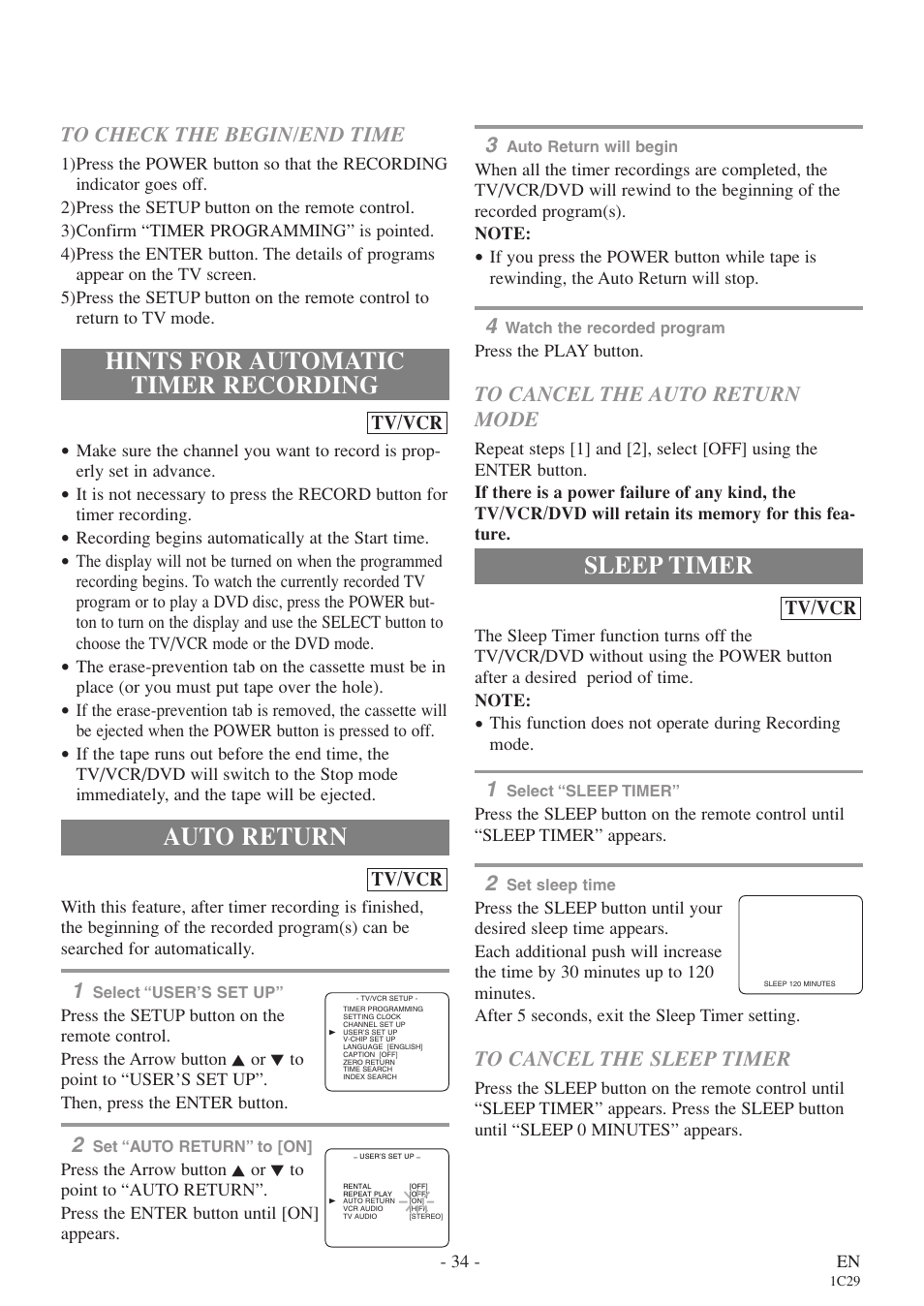 Hints for automatic timer recording, Auto return, Sleep timer | Sylvania 6720FDE User Manual | Page 34 / 56