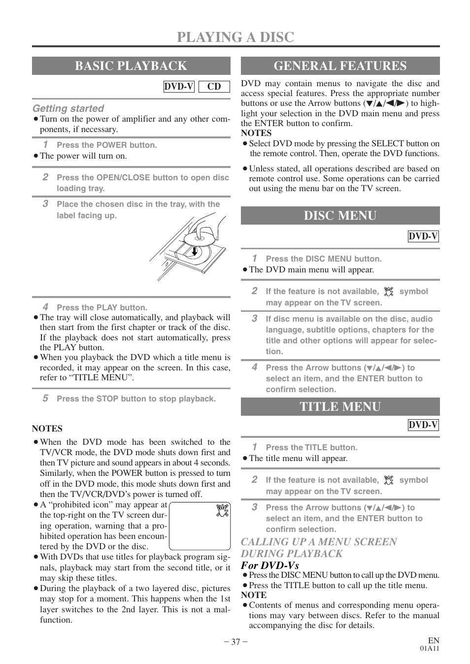 Playing a disc, Basic playback, General features | Title menu, Disc menu | Sylvania 6720FDE User Manual | Page 37 / 56