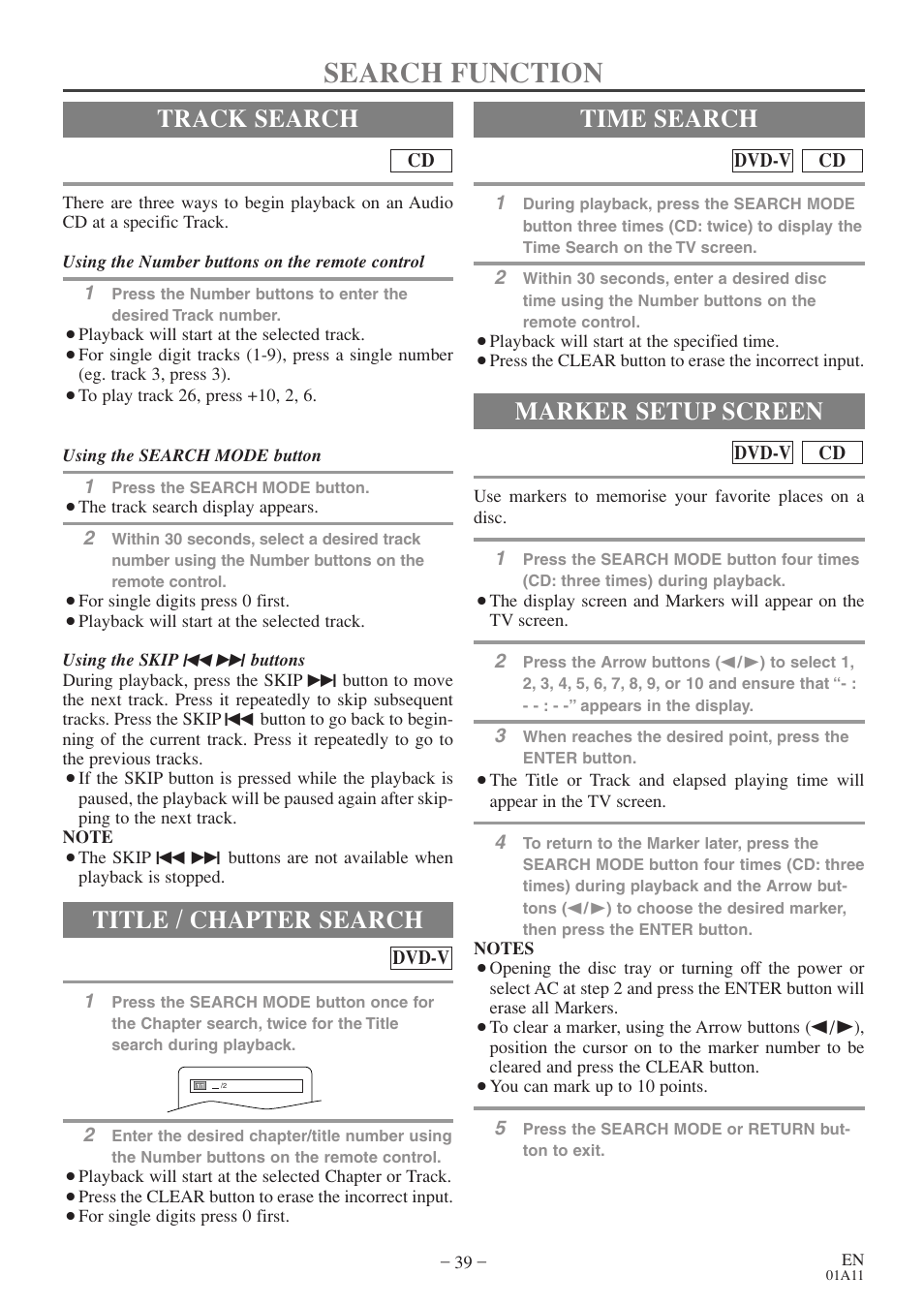 Search function, Track search, Title / chapter search | Time search, Marker setup screen | Sylvania 6720FDE User Manual | Page 39 / 56