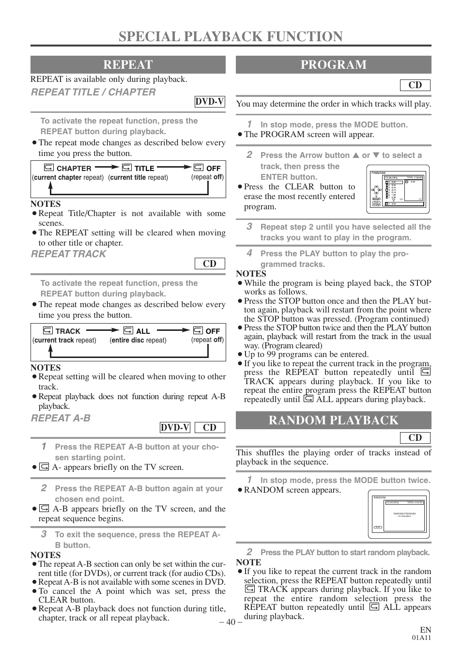 Special playback function, Repeat, Program | Random playback | Sylvania 6720FDE User Manual | Page 40 / 56