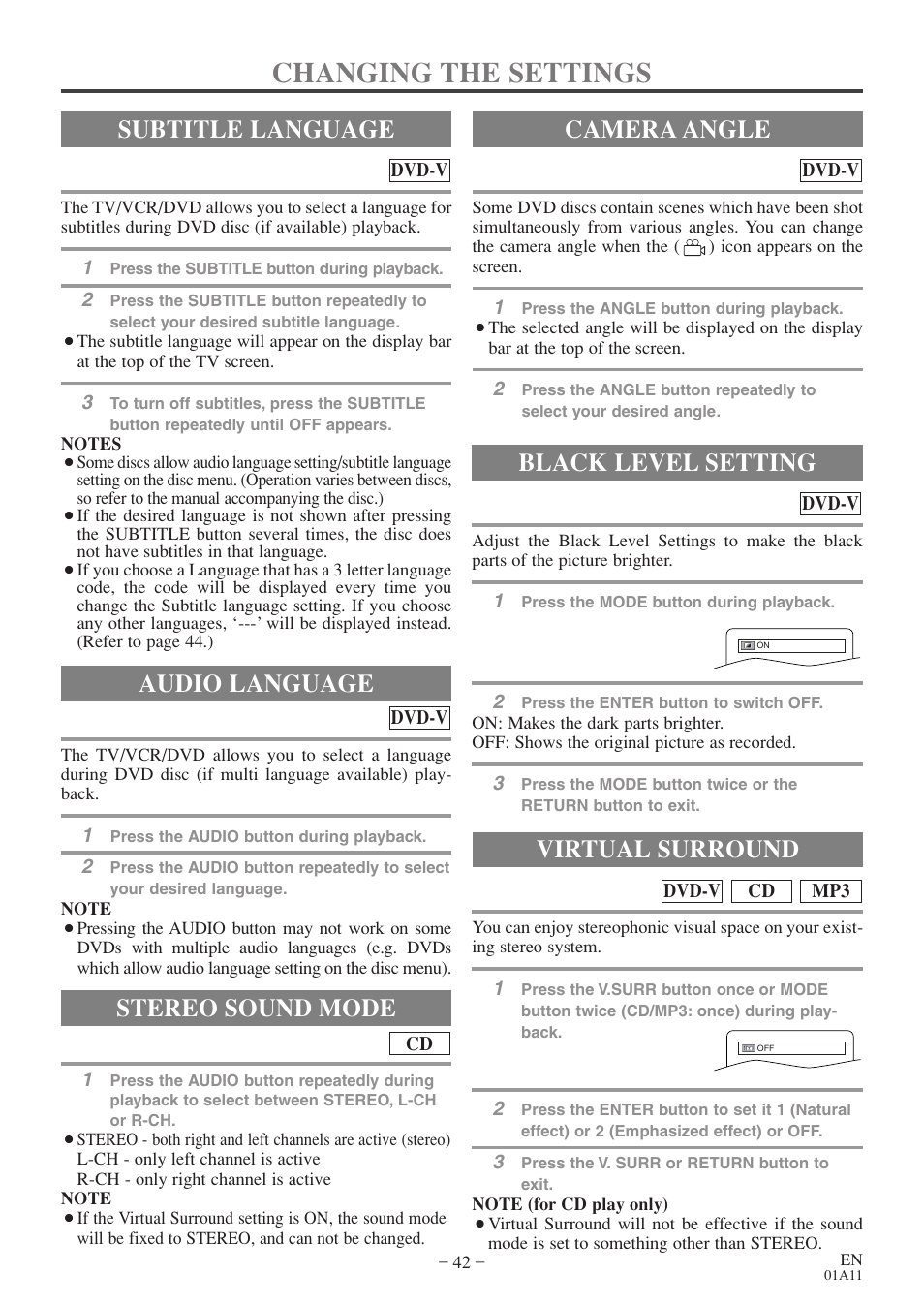 Changing the settings, Audio language, Stereo sound mode | Subtitle language camera angle, Black level setting, Virtual surround | Sylvania 6720FDE User Manual | Page 42 / 56