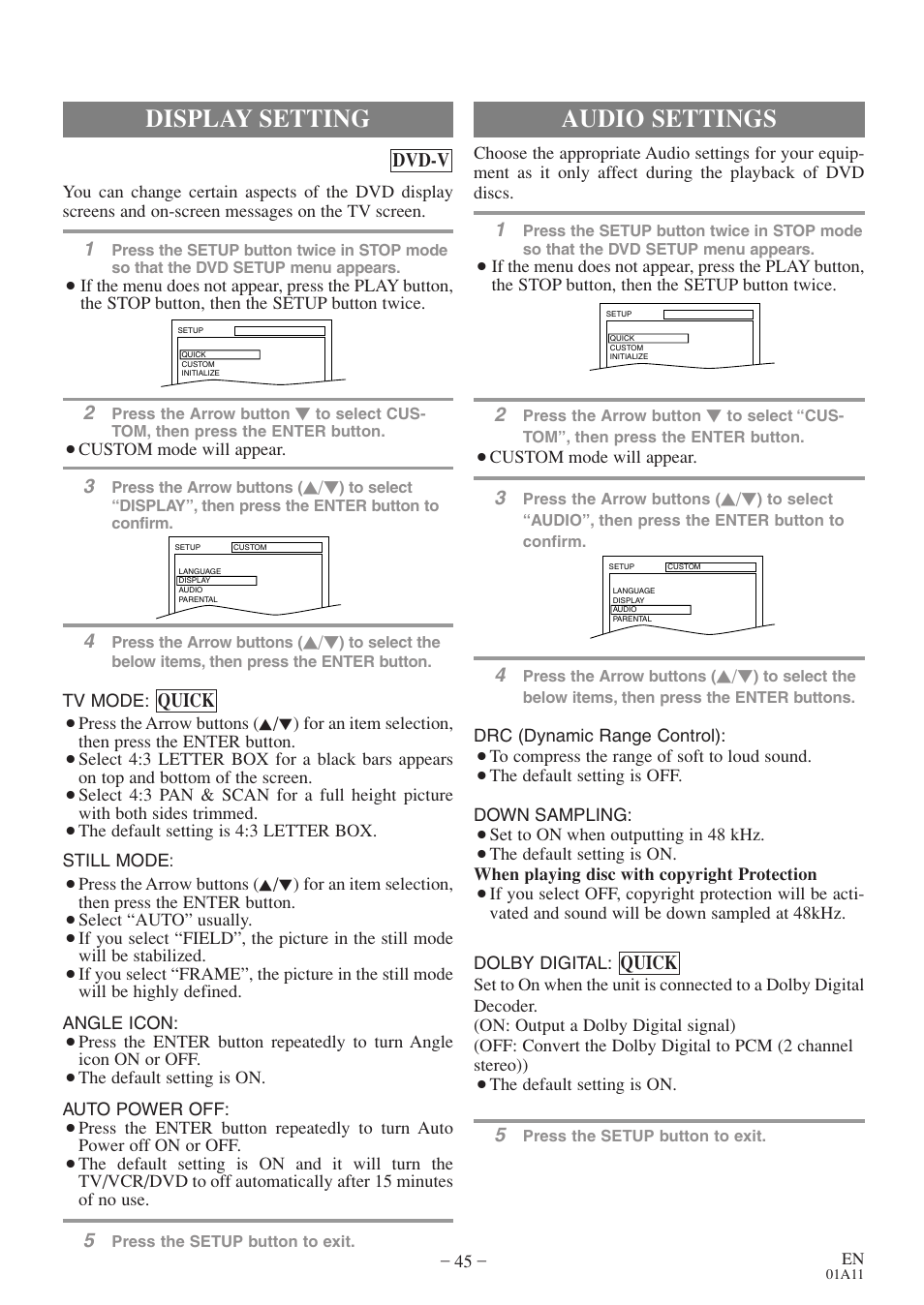 Audio settings, Display setting | Sylvania 6720FDE User Manual | Page 45 / 56