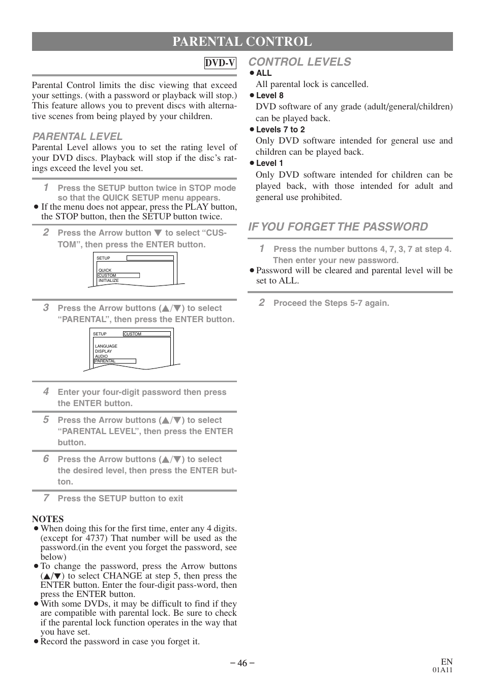 Parental control, Control levels, If you forget the password | Sylvania 6720FDE User Manual | Page 46 / 56