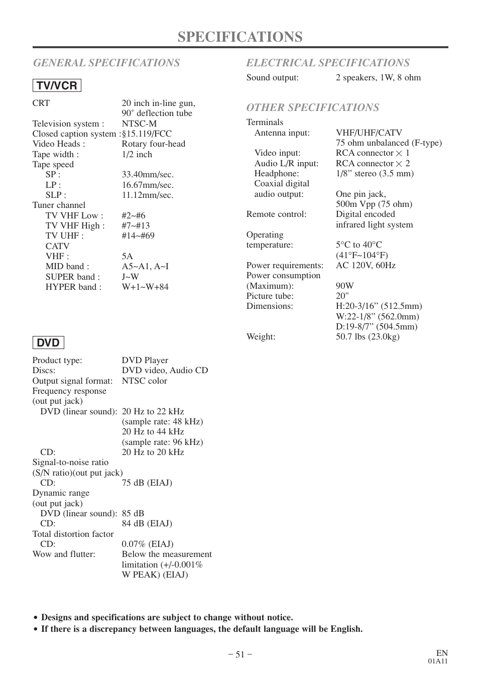 Specifications, Other specifications | Sylvania 6720FDE User Manual | Page 51 / 56