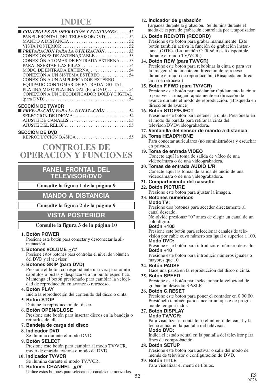 Indice, Controles de operación y funciones, Panel frontal del televisor/dvd | Mando a distancia, Vista posterior | Sylvania 6720FDE User Manual | Page 52 / 56