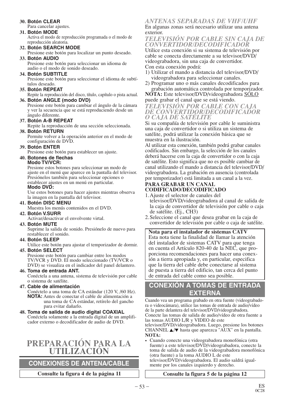 Preparación para la utilización, Conexión a tomas de entrada externa | Sylvania 6720FDE User Manual | Page 53 / 56