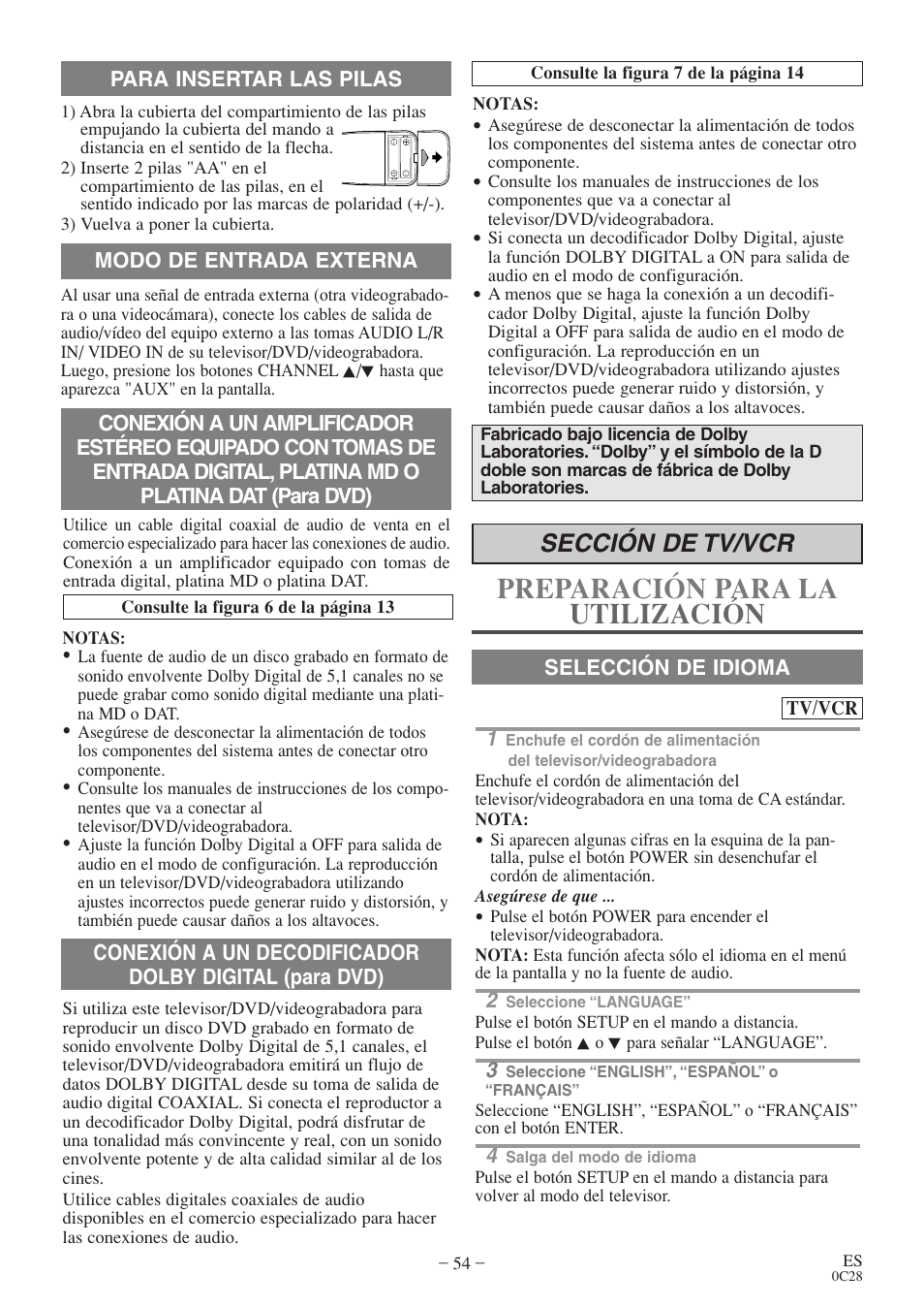 Preparación para la utilización, Sección de tv/vcr | Sylvania 6720FDE User Manual | Page 54 / 56