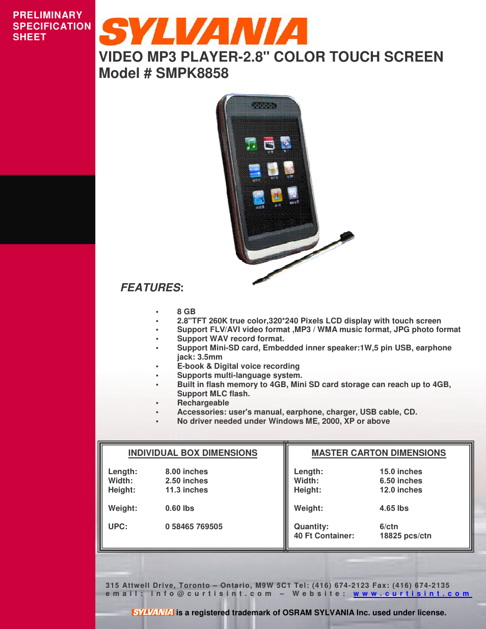 Sylvania SMPK8858 User Manual | 1 page