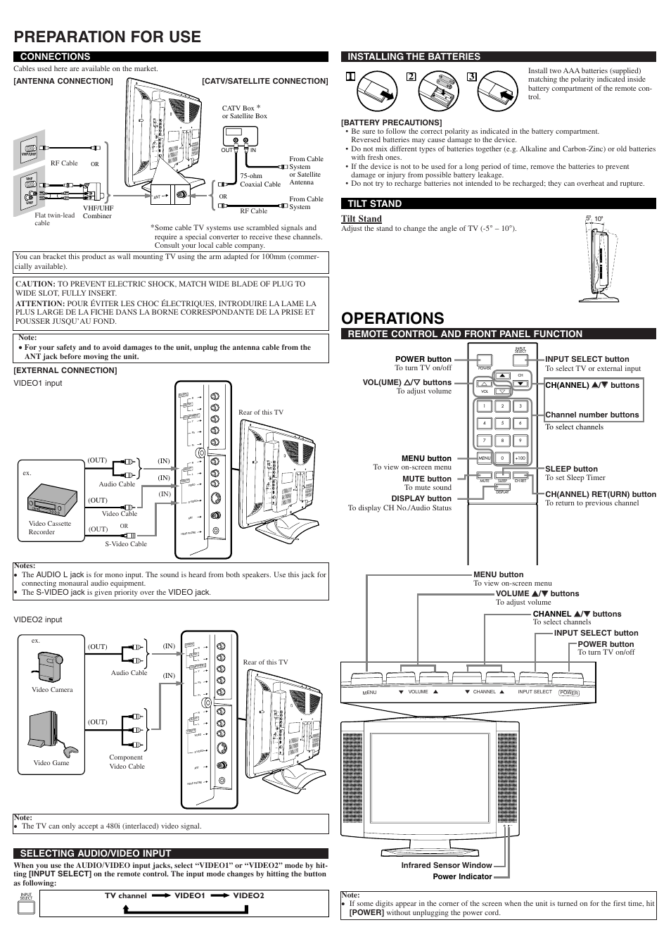 Preparation for use, Operations, Power menu volume channel input select power | Sylvania 6620LF4 User Manual | Page 2 / 8