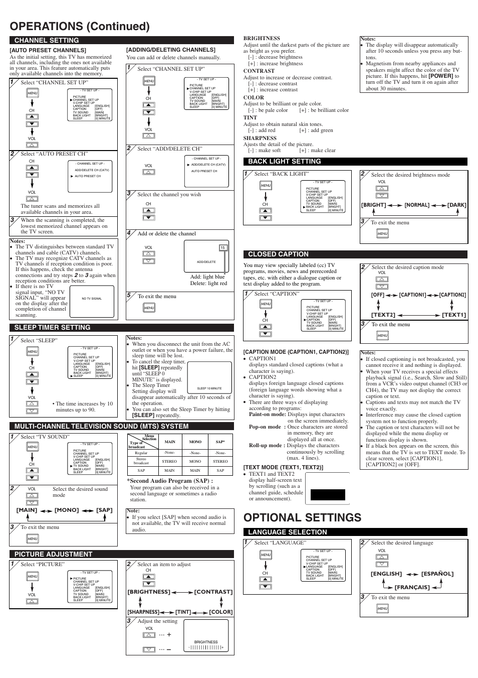 Operations (continued) optional settings, Picture adjustment, Channel setting | Language selection, Multi-channel television sound (mts) system, Sleep timer setting, Closed caption back light setting | Sylvania 6620LF4 User Manual | Page 3 / 8