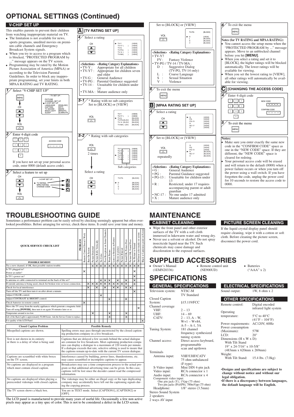 Supplied accessories, General specifications, Electrical specifications | Other specifications, Cabinet cleaning, Picture screen cleaning, V-chip set up | Sylvania 6620LF4 User Manual | Page 4 / 8