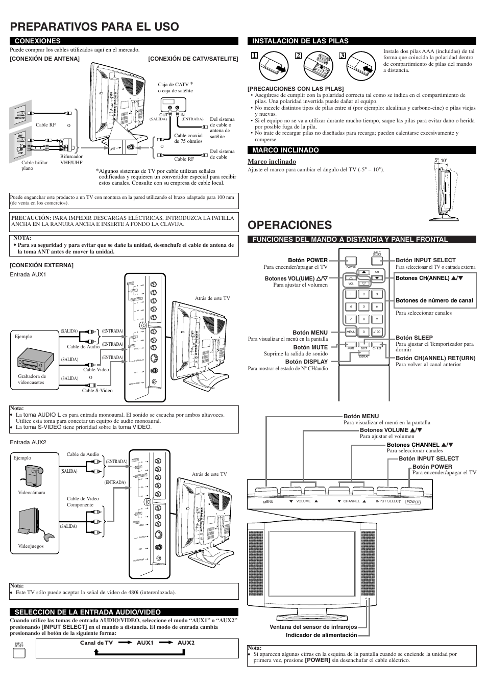 Preparativos para el uso, Operaciones, Power menu volume channel input select power | Sylvania 6620LF4 User Manual | Page 6 / 8