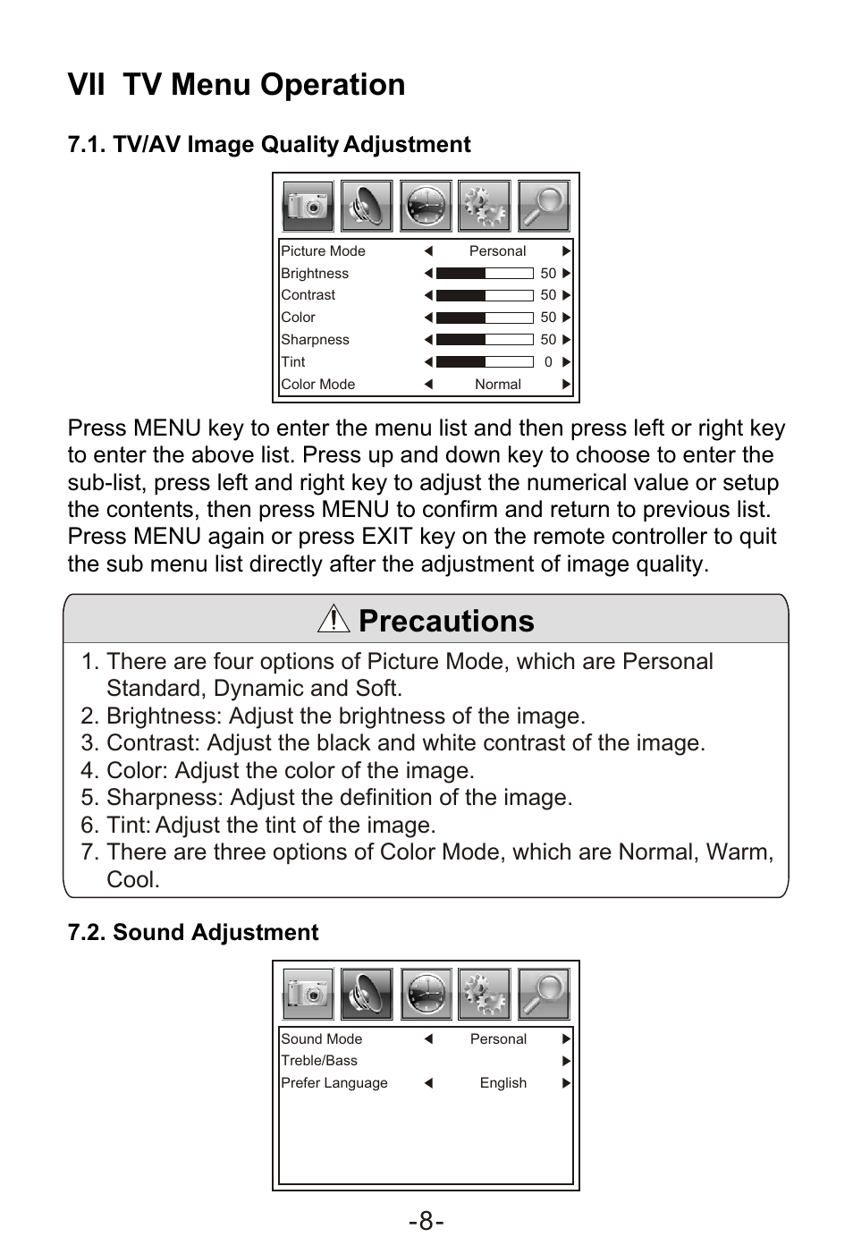 Т³гж 10, Vii tv menu operation, Precautions | Sylvania SRT902A User Manual | Page 10 / 19