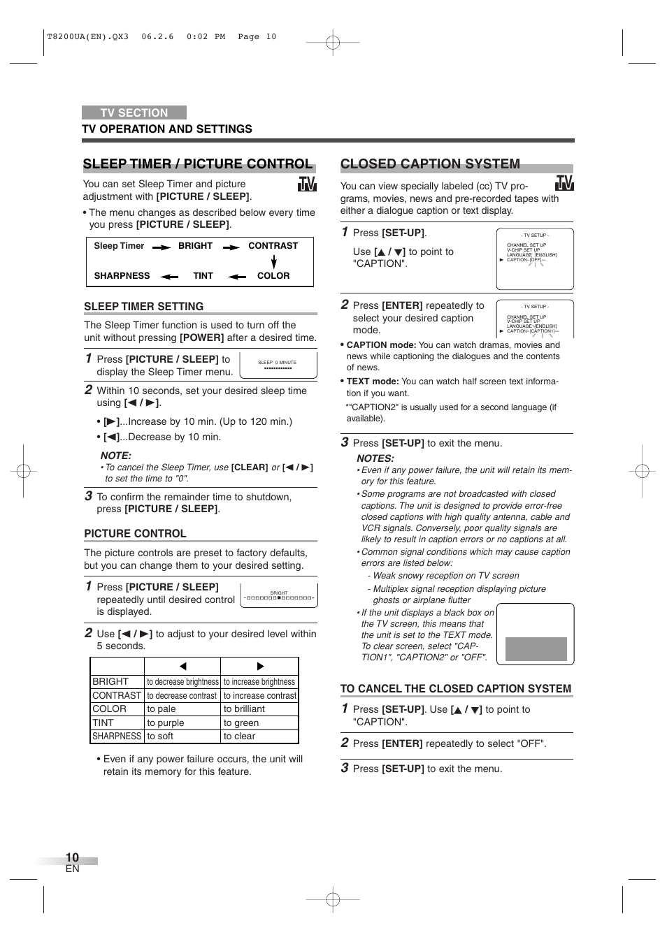 Closed caption system, Sleep timer / picture control, Sleep timer setting | Picture control | Sylvania 6513DG User Manual | Page 10 / 36