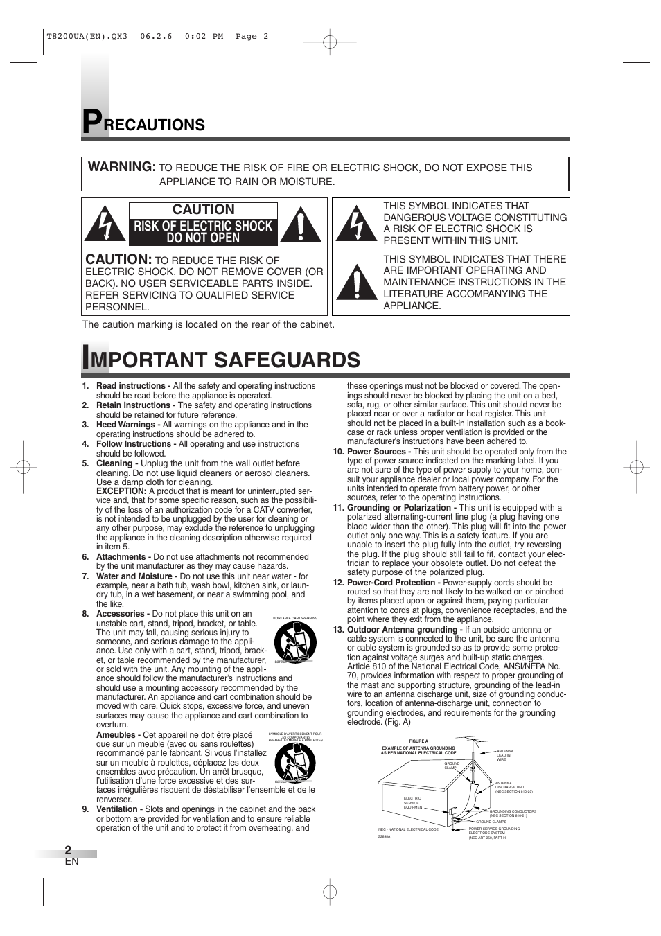 Mportant safeguards, Recautions, Caution | Caution risk of electric shock do not open, Warning | Sylvania 6513DG User Manual | Page 2 / 36