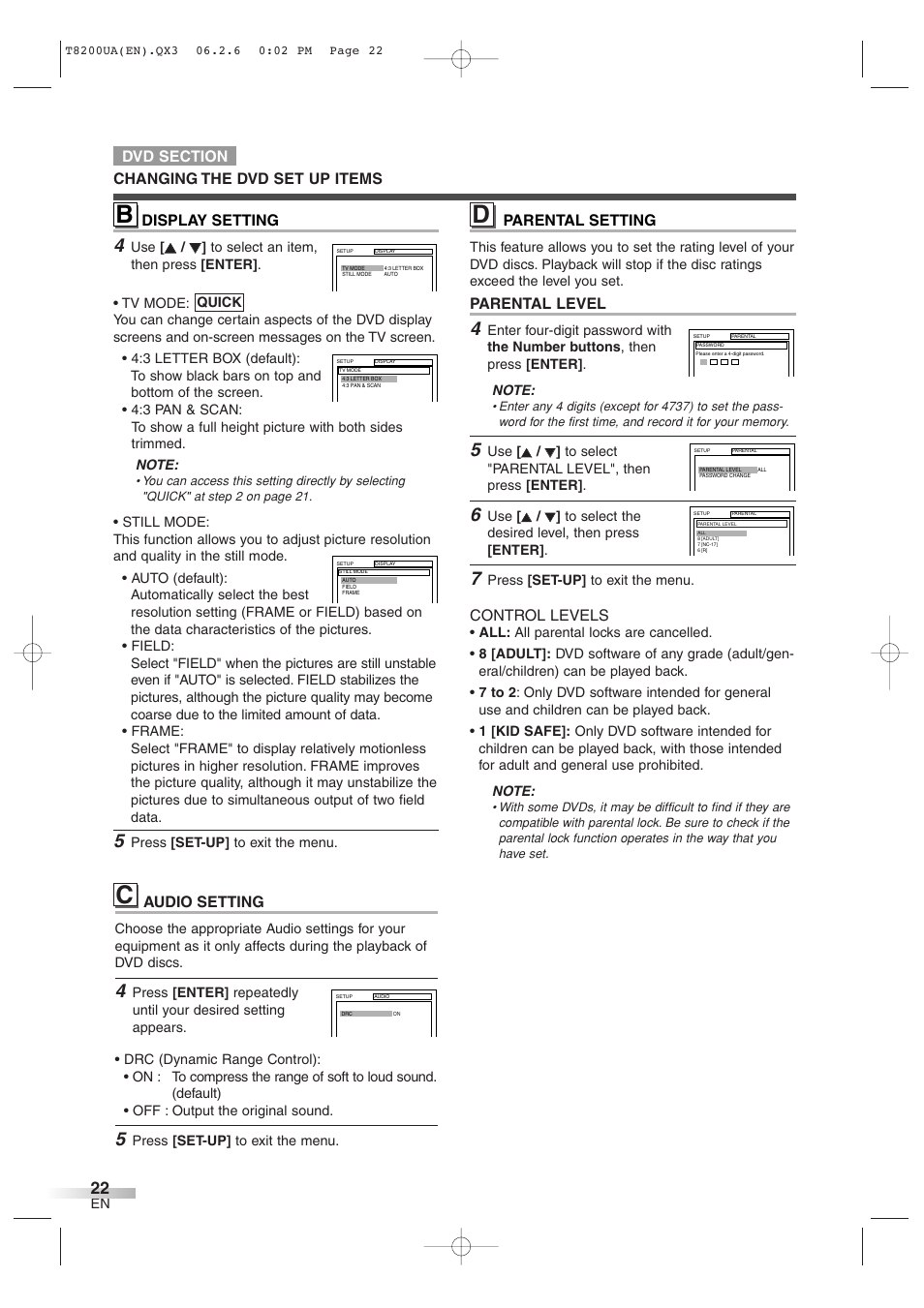 Display setting, Audio setting, Parental level | Control levels, Changing the dvd set up items | Sylvania 6513DG User Manual | Page 22 / 36