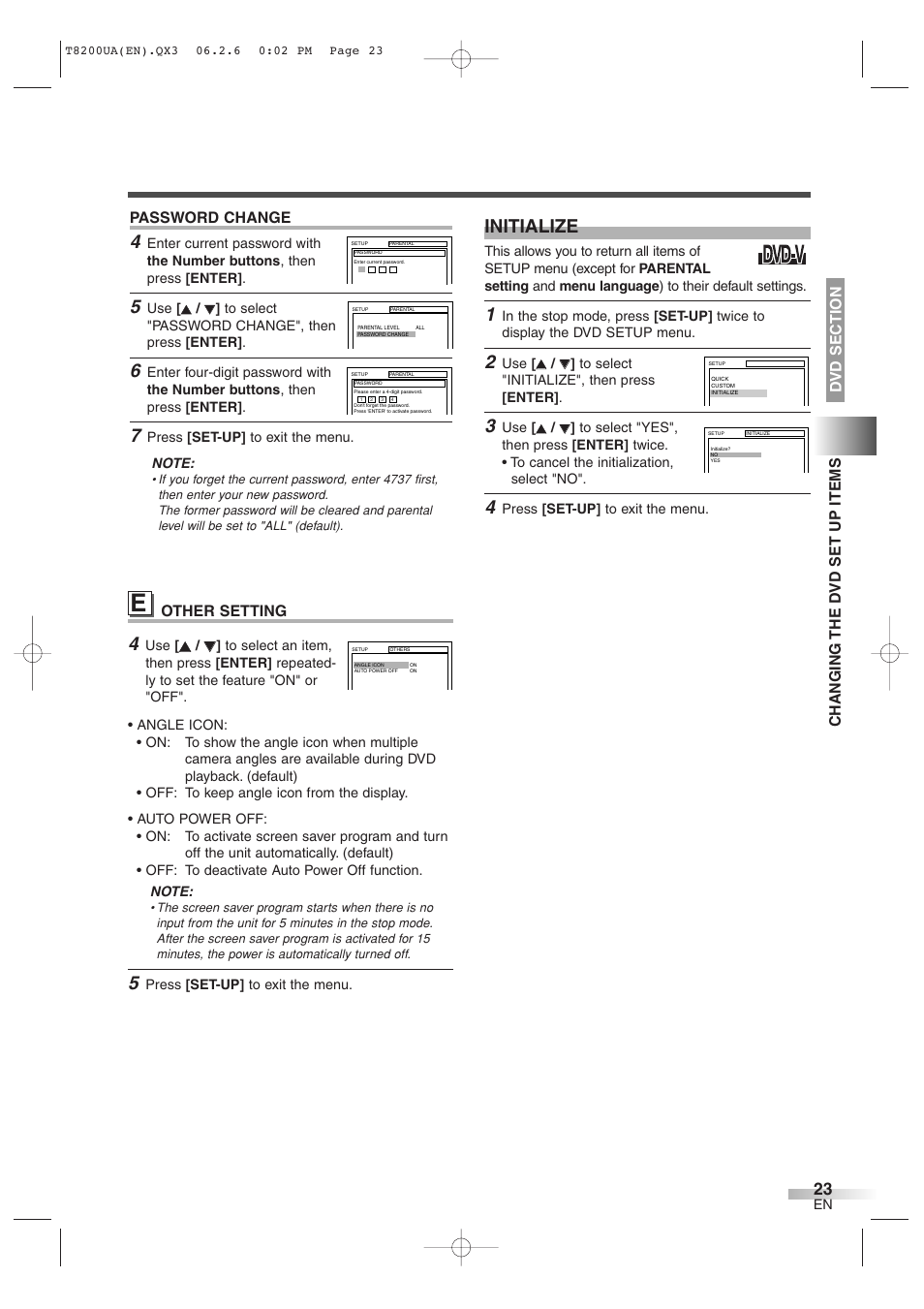 Initialize, Other setting, Password change | Sylvania 6513DG User Manual | Page 23 / 36
