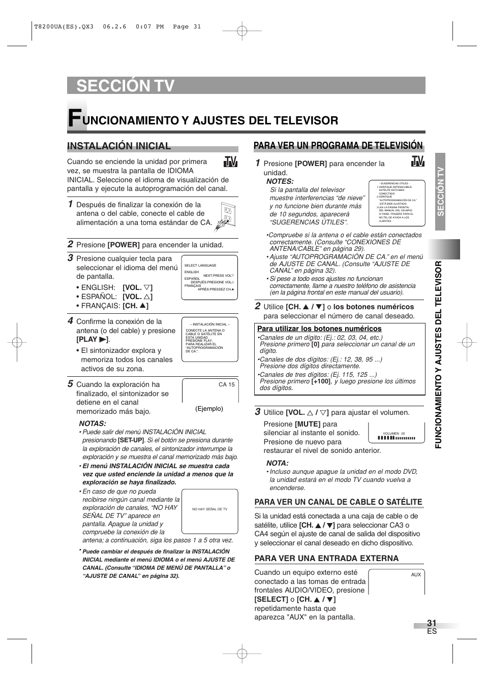 Sección tv, Uncionamiento y ajustes del televisor, Instalación inicial | Para ver un programa de televisión | Sylvania 6513DG User Manual | Page 31 / 36