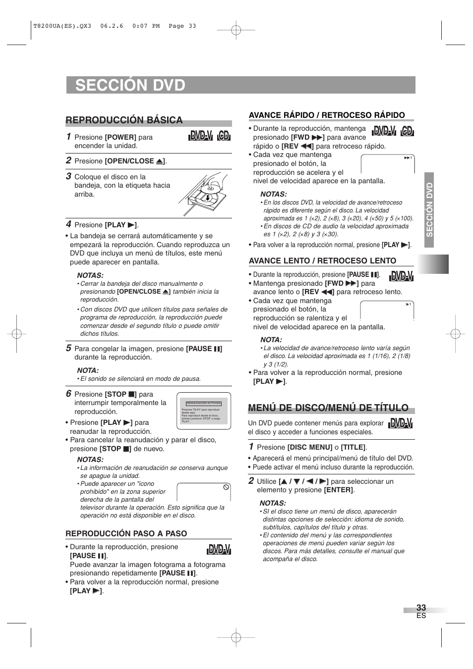 Sección dvd, Reproducción básica, Menú de disco/menú de título | Sylvania 6513DG User Manual | Page 33 / 36