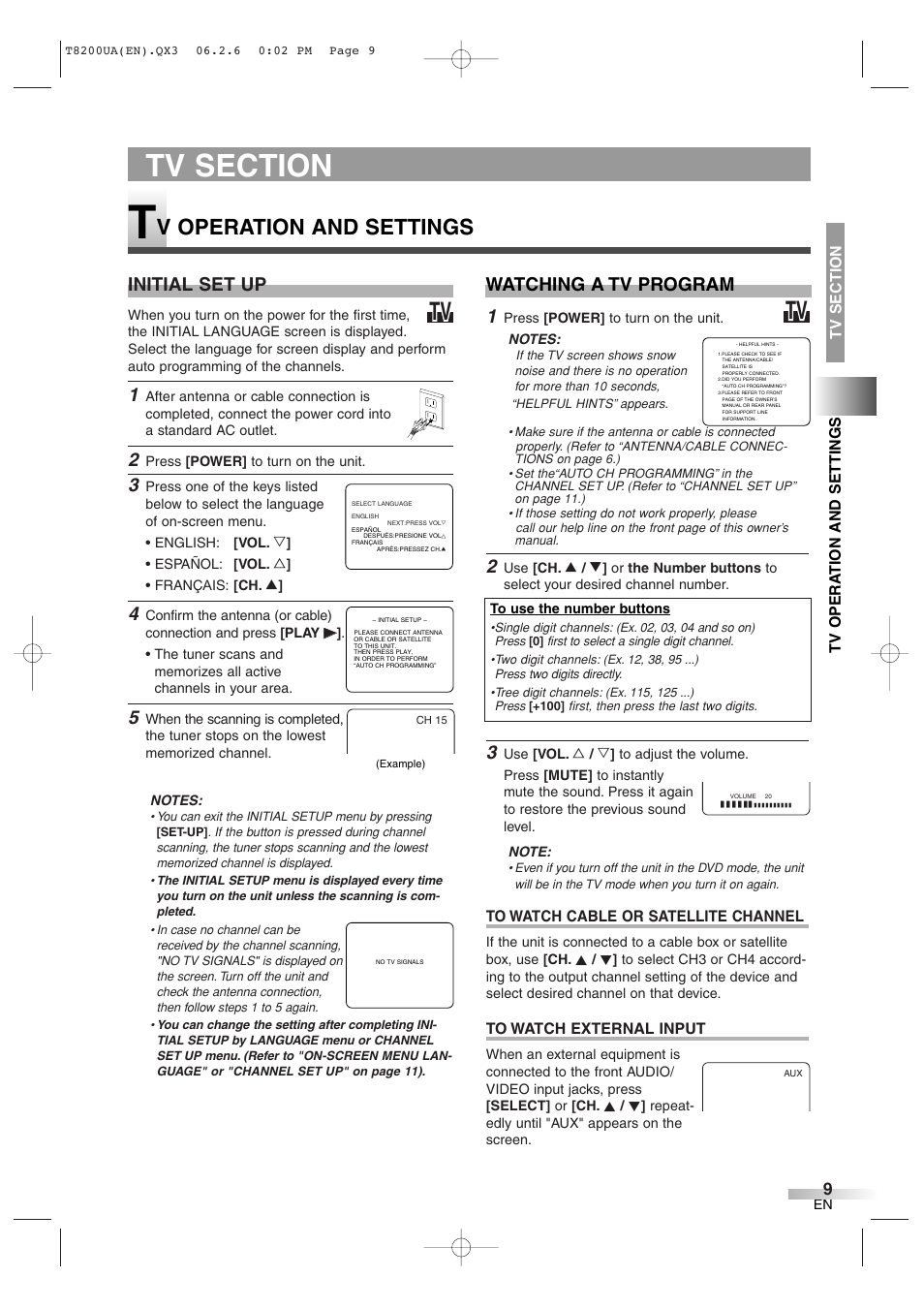 V operation and settings, Initial set up, Watching a tv program | Sylvania 6513DG User Manual | Page 9 / 36