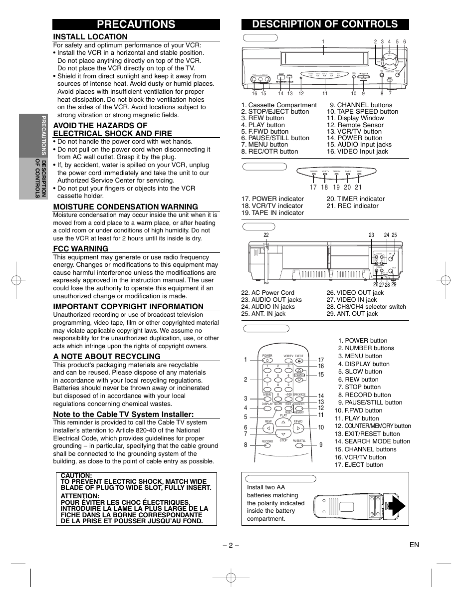 Precautions, Description of controls, Install location | Avoid the hazards of electrical shock and fire, Moisture condensation warning, Fcc warning, Important copyright information, 2 – en | Sylvania SRV2306 User Manual | Page 2 / 8