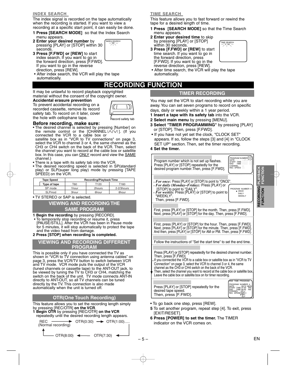 Recording function, Otr(one touch recording), Viewing and recording different program | Timer recording, Before recording, make sure, Viewing and recording the same program | Sylvania SRV2306 User Manual | Page 5 / 8