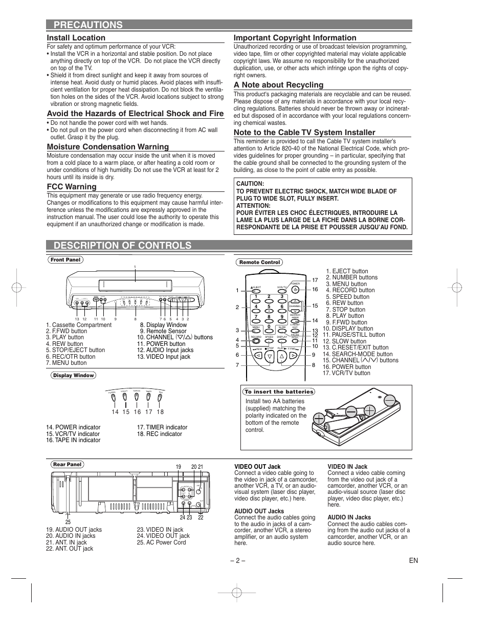 Precautions description of controls, Install location, Avoid the hazards of electrical shock and fire | Moisture condensation warning, Fcc warning, Important copyright information, 2 – en | Sylvania SSV6003 User Manual | Page 2 / 8
