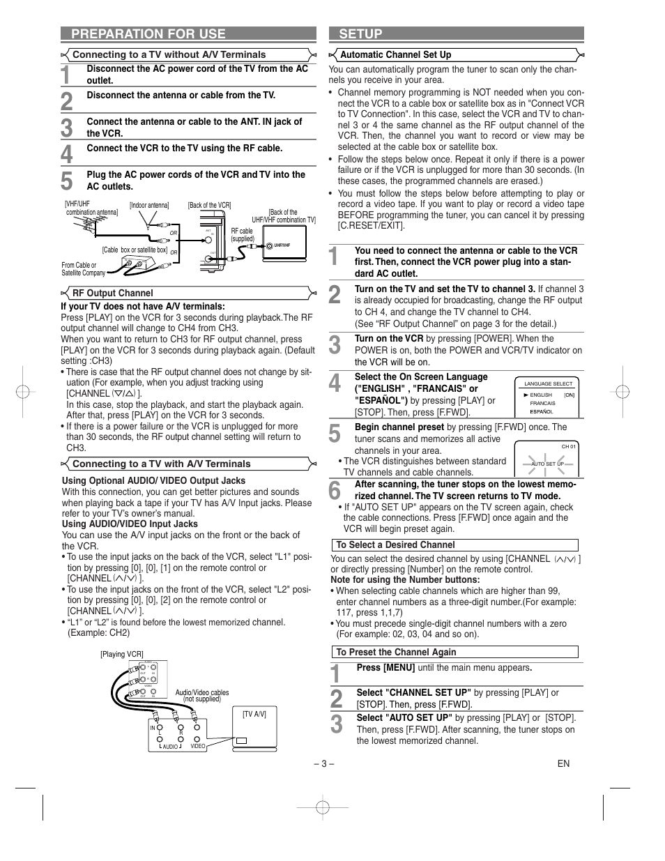 Setup, Preparation for use | Sylvania SSV6003 User Manual | Page 3 / 8