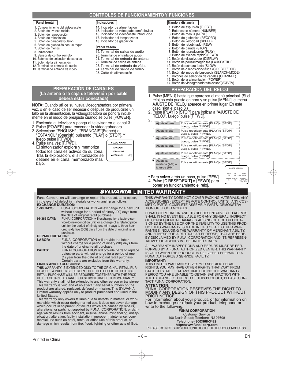 Limited warranty, Controles de funcionamiento y funciones, 8 – en printed in china | Sylvania SSV6003 User Manual | Page 8 / 8