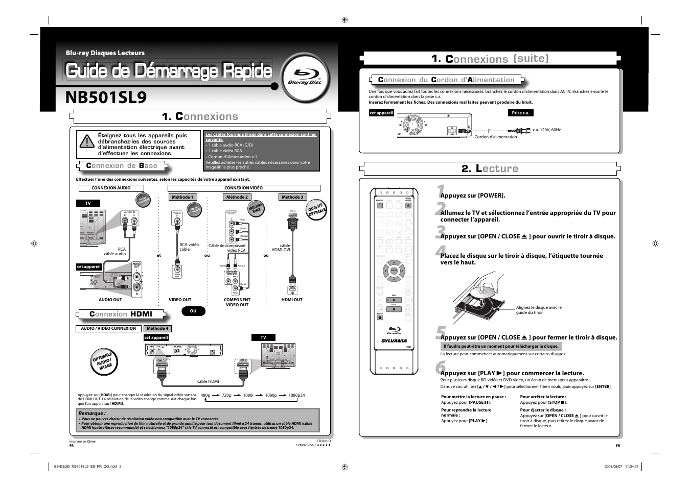 Guide de démarrage rapide, Nb501sl9, Connexions | Connexions (suite), Lecture, Connexion hdmi, Connexion du c ordon d’ a limentation, Blu-ray disques lecteurs, Connexion de b ase, Appuyez sur [power | Sylvania NB501SL9 User Manual | Page 101 / 148
