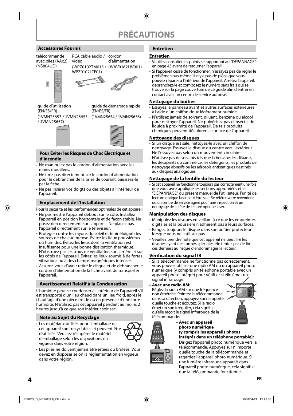 Précautions | Sylvania NB501SL9 User Manual | Page 104 / 148