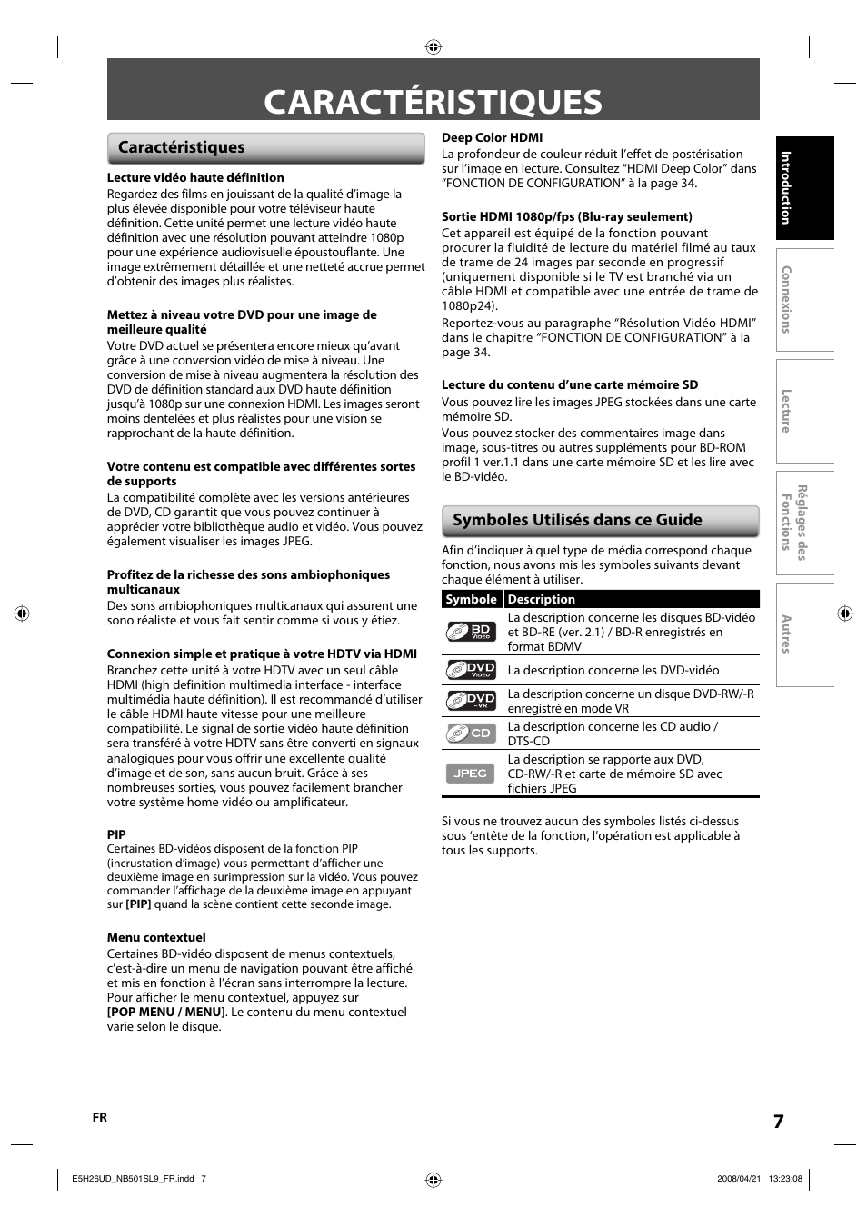 Caractéristiques, Symboles utilisés dans ce guide | Sylvania NB501SL9 User Manual | Page 107 / 148