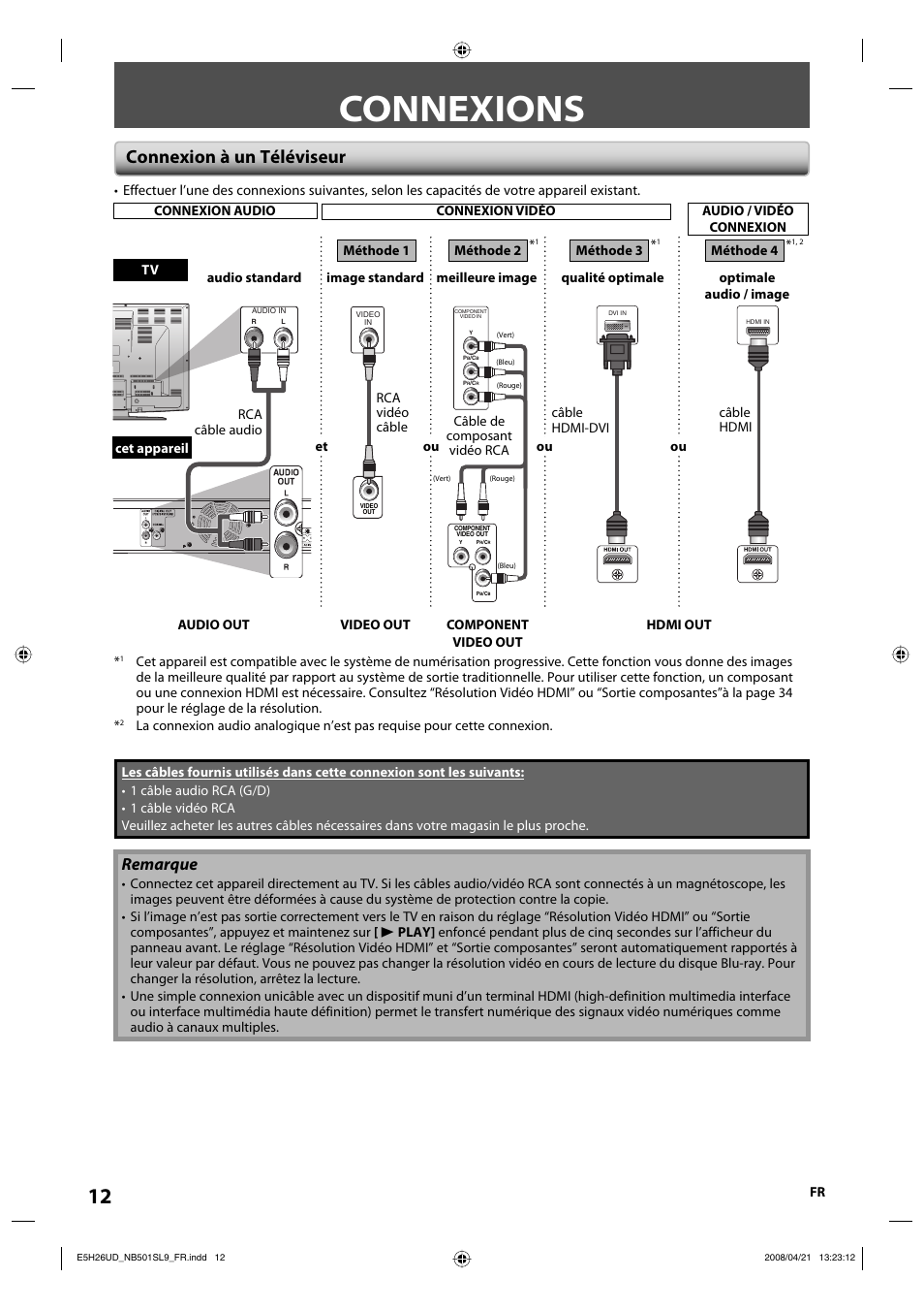 Connexions, Connexion à un téléviseur, Remarque | Sylvania NB501SL9 User Manual | Page 112 / 148