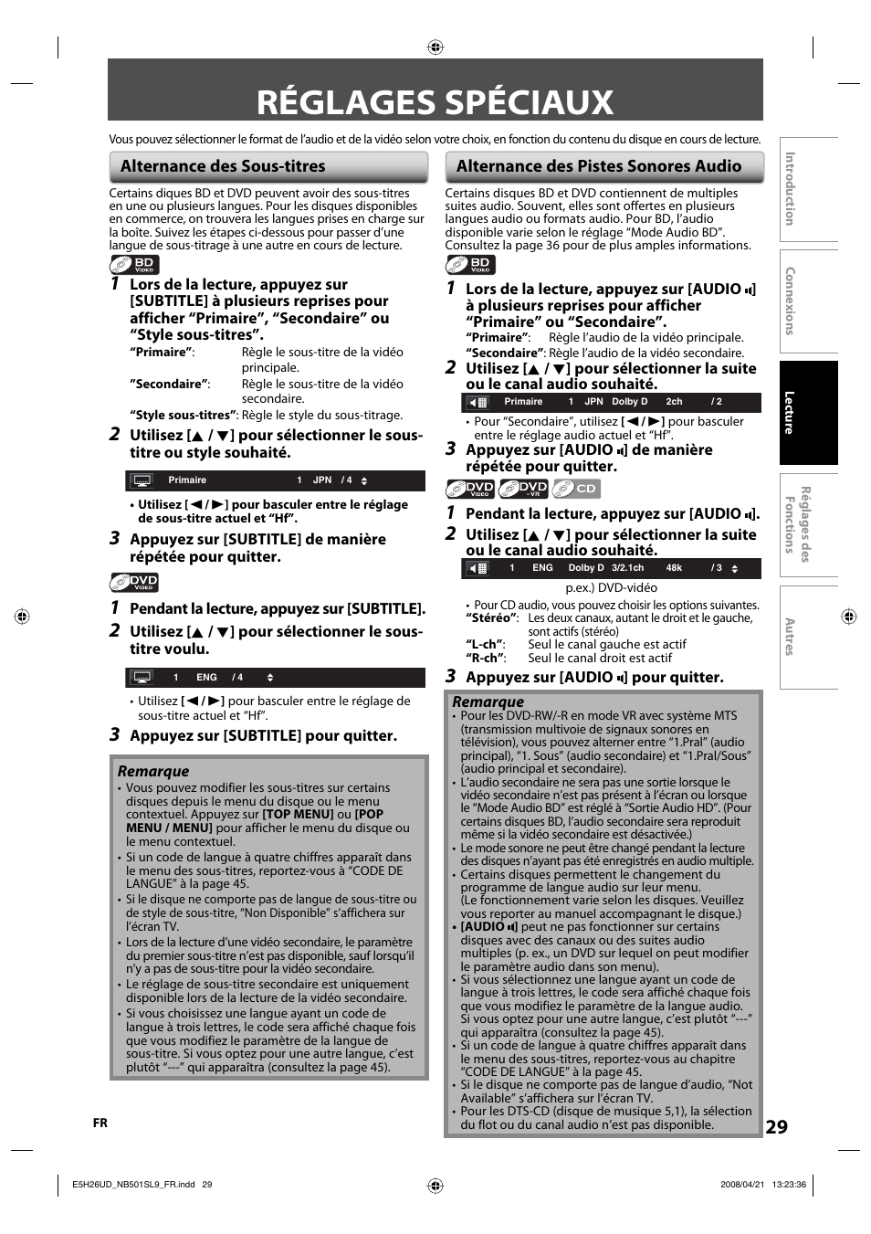 Réglages spéciaux, Alternance des sous-titres, Alternance des pistes sonores audio | Sylvania NB501SL9 User Manual | Page 129 / 148
