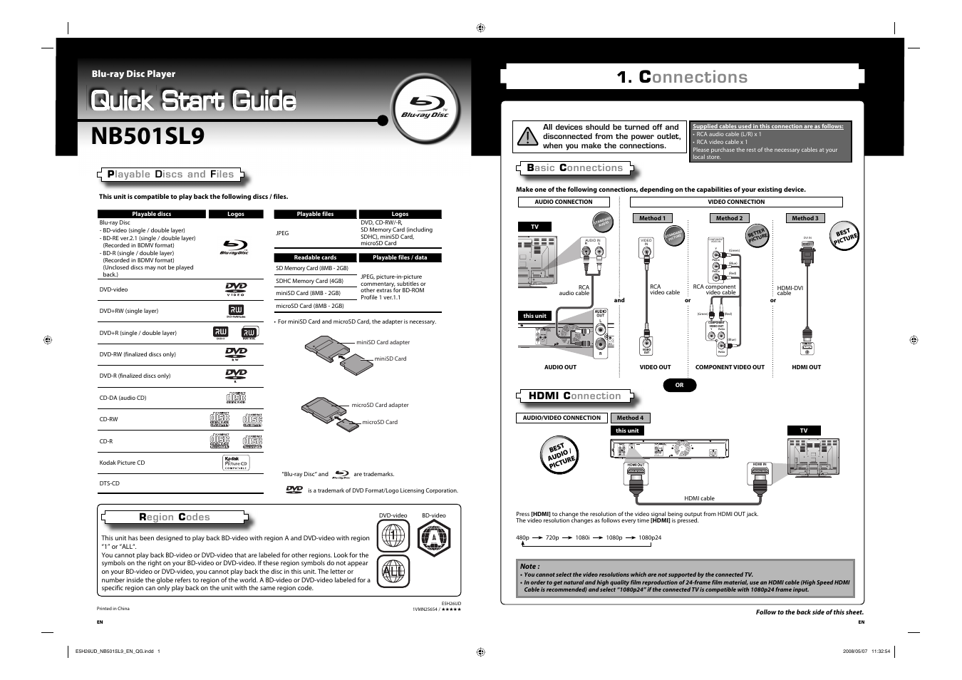 Quick start guide, Nb501sl9, Connections | Blu-ray disc player | Sylvania NB501SL9 User Manual | Page 2 / 148