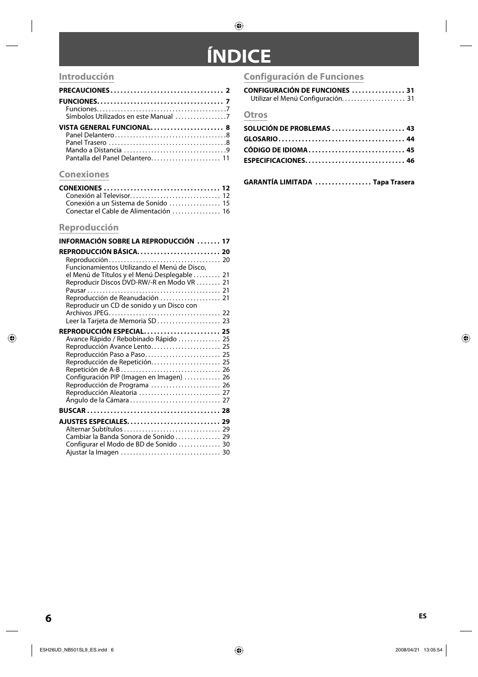 Índice, Introducción, Conexiones | Reproducción, Configuración de funciones, Otros | Sylvania NB501SL9 User Manual | Page 57 / 148