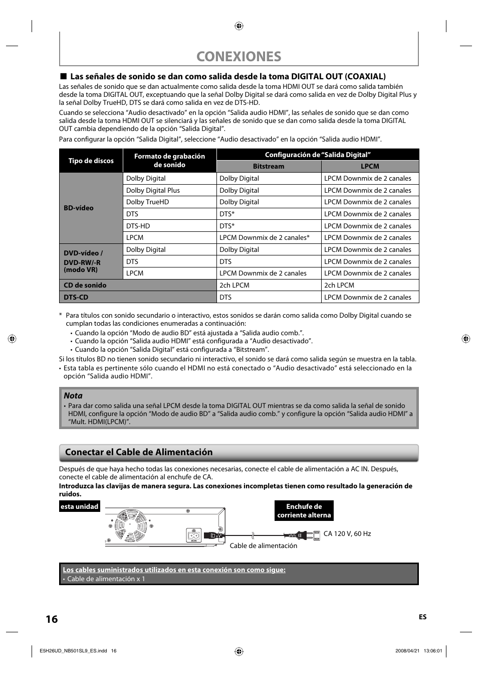 Conexiones, Conectar el cable de alimentación | Sylvania NB501SL9 User Manual | Page 67 / 148
