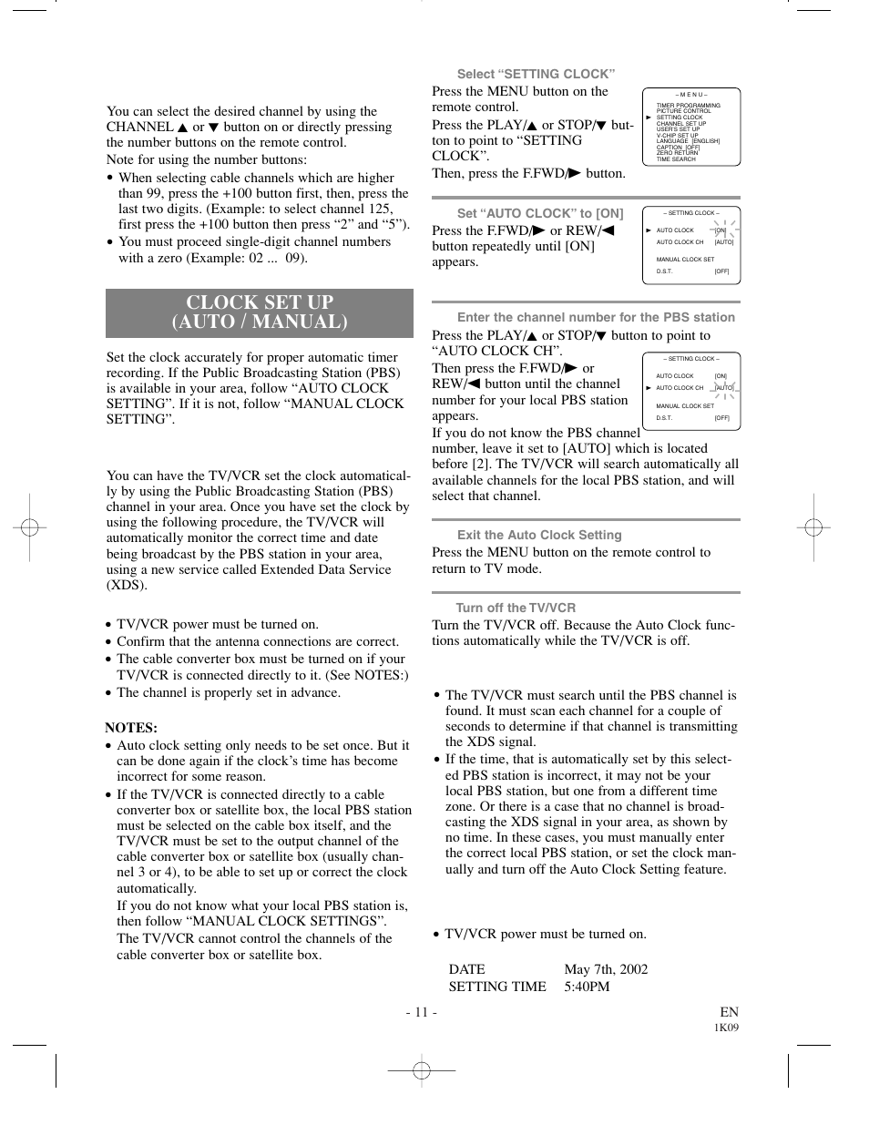 Clock set up (auto / manual), Auto clock setting, Manual clock setting | Sylvania SRC2213 User Manual | Page 11 / 32