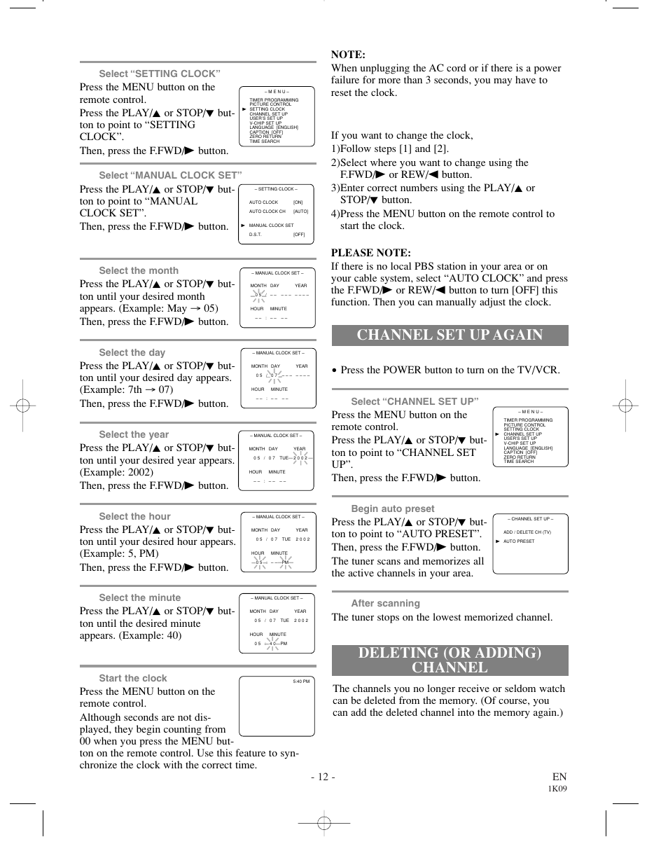 Deleting (or adding) channel channel set up again, 12 - en, Make sure | Press the power button to turn on the tv/vcr, Select “channel set up, Begin auto preset, After scanning, Select the year, Select the hour, Select the minute | Sylvania SRC2213 User Manual | Page 12 / 32