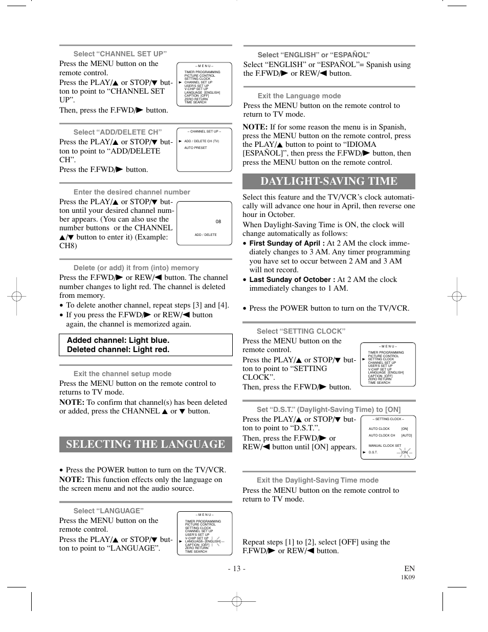 Selecting the language, Daylight-saving time | Sylvania SRC2213 User Manual | Page 13 / 32