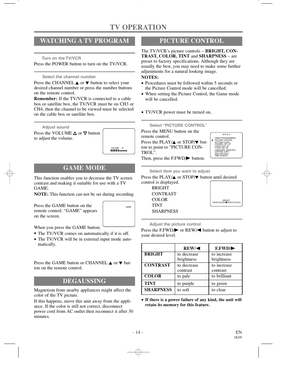 Tv operation, Watching a tv program, Game mode | Picture control, Degaussing | Sylvania SRC2213 User Manual | Page 14 / 32