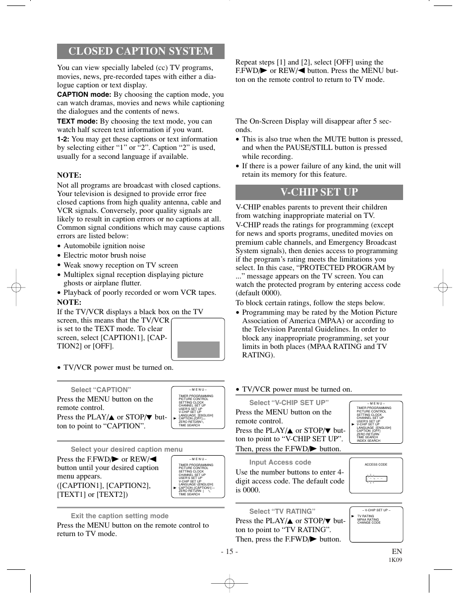 Closed caption system, V-chip set up, When the closed caption mode is on | Tv rating set up | Sylvania SRC2213 User Manual | Page 15 / 32