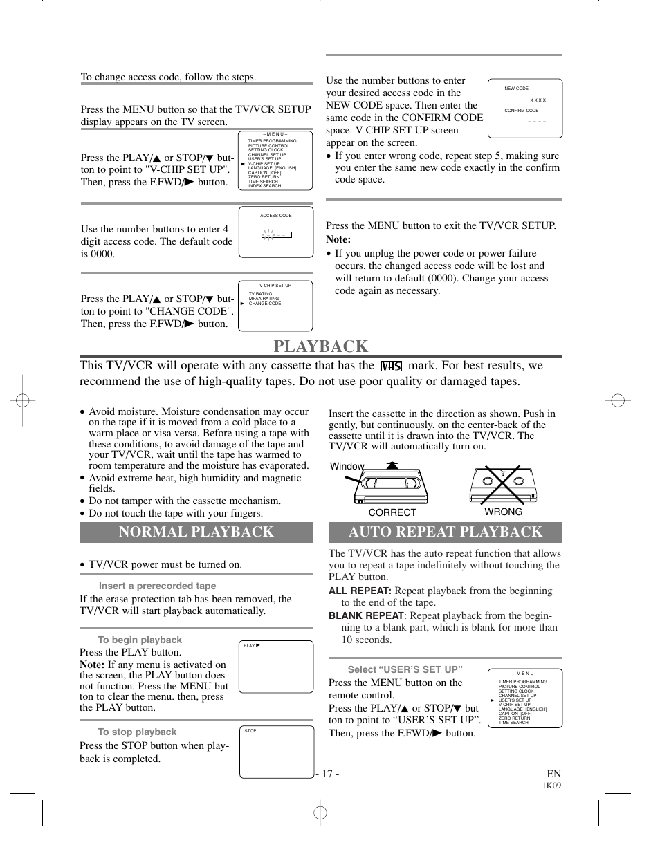 Playback, Auto repeat playback, Normal playback | Change access code, Precautions | Sylvania SRC2213 User Manual | Page 17 / 32