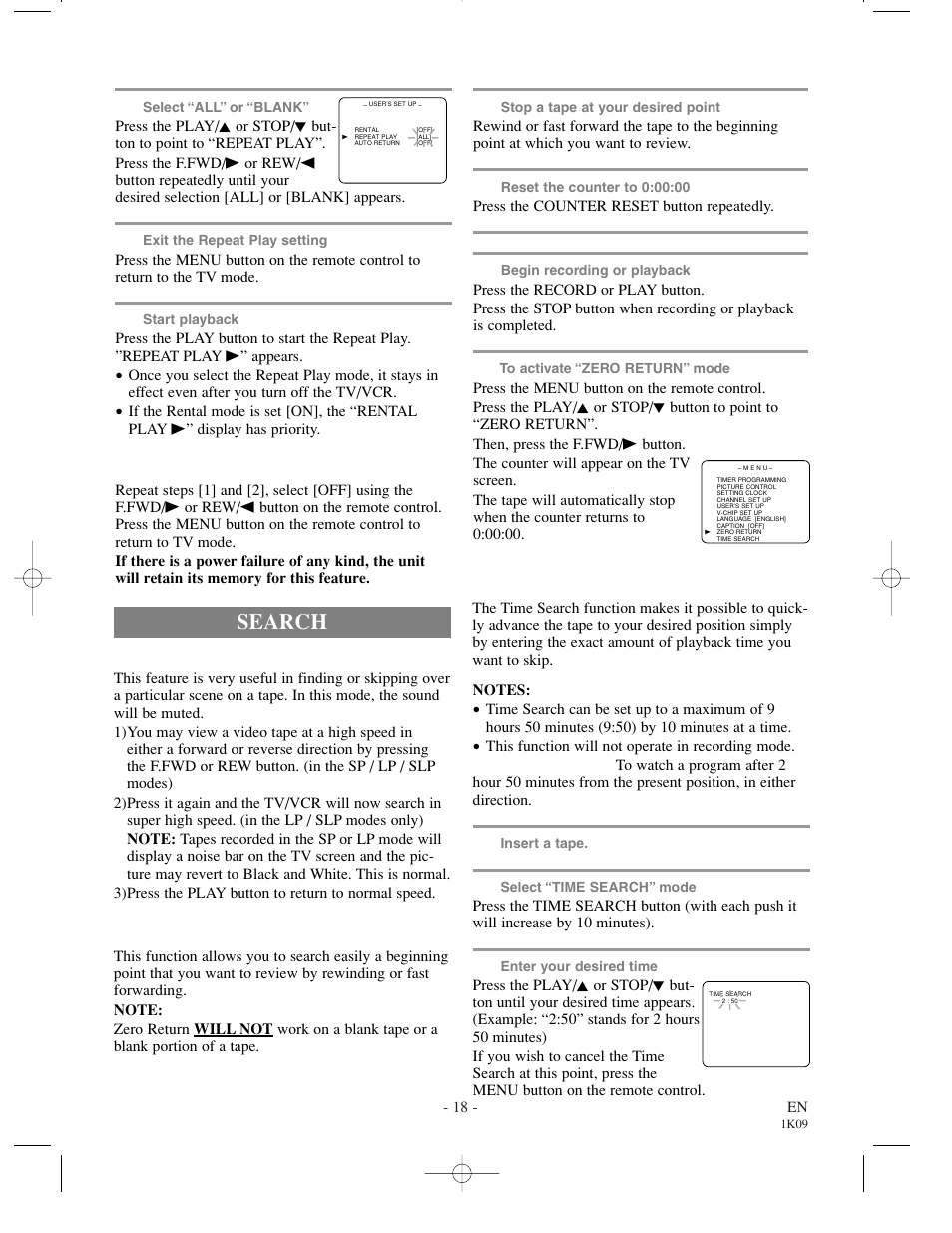 Search, Picture search, Zero return | Time search | Sylvania SRC2213 User Manual | Page 18 / 32