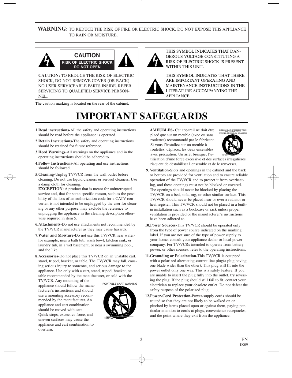 Important safeguards, Warning, Caution | Sylvania SRC2213 User Manual | Page 2 / 32