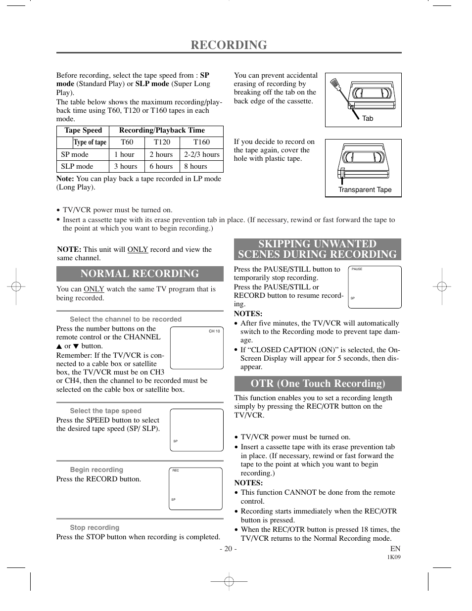 Recording, Normal recording, Skipping unwanted scenes during recording | Otr (one touch recording) | Sylvania SRC2213 User Manual | Page 20 / 32