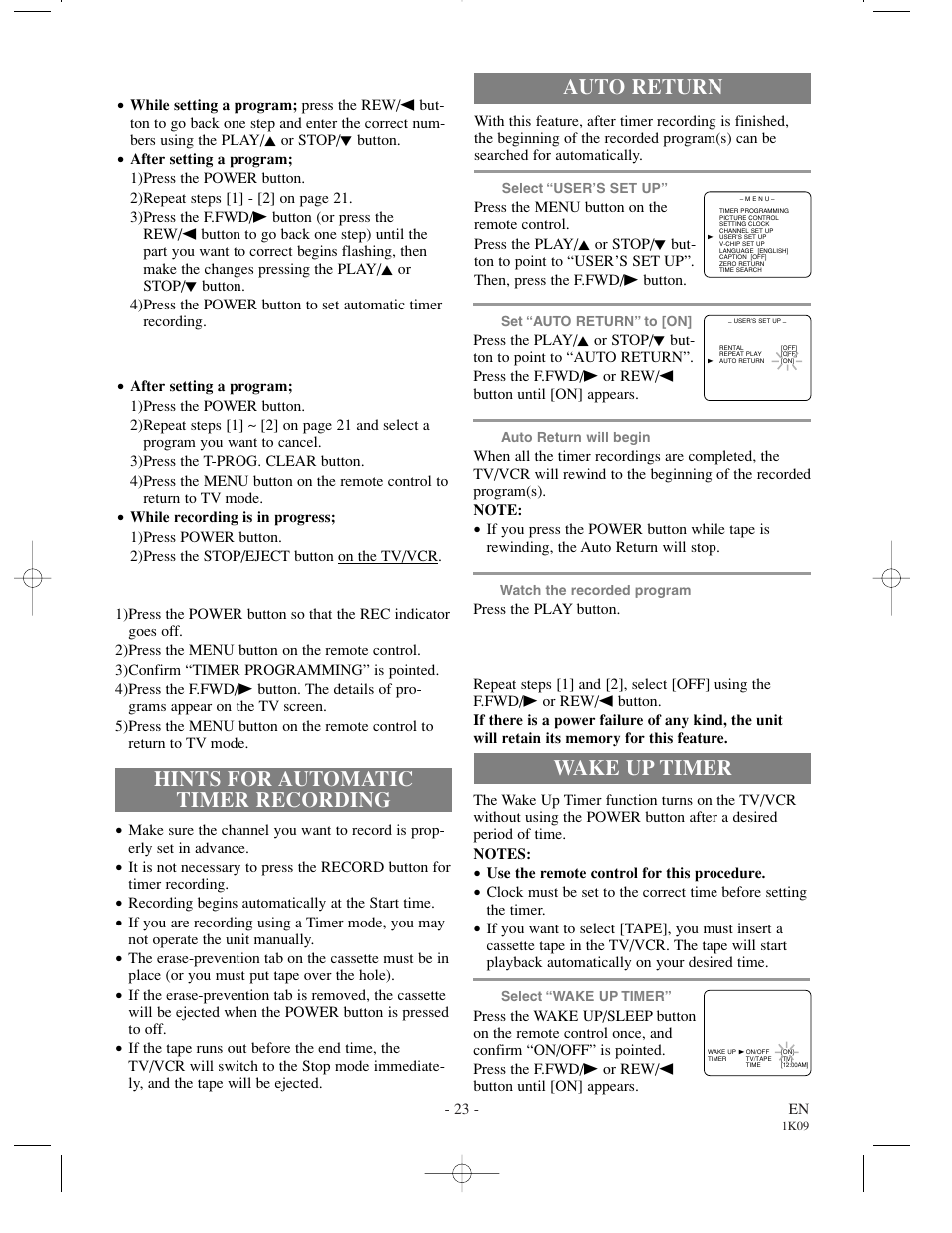 Hints for automatic timer recording, Auto return, Wake up timer | Sylvania SRC2213 User Manual | Page 23 / 32