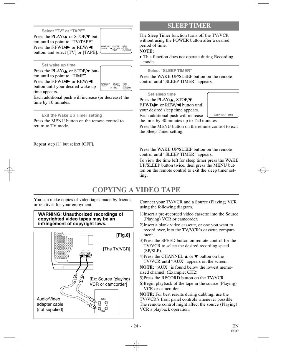 Copying a video tape, Sleep timer | Sylvania SRC2213 User Manual | Page 24 / 32