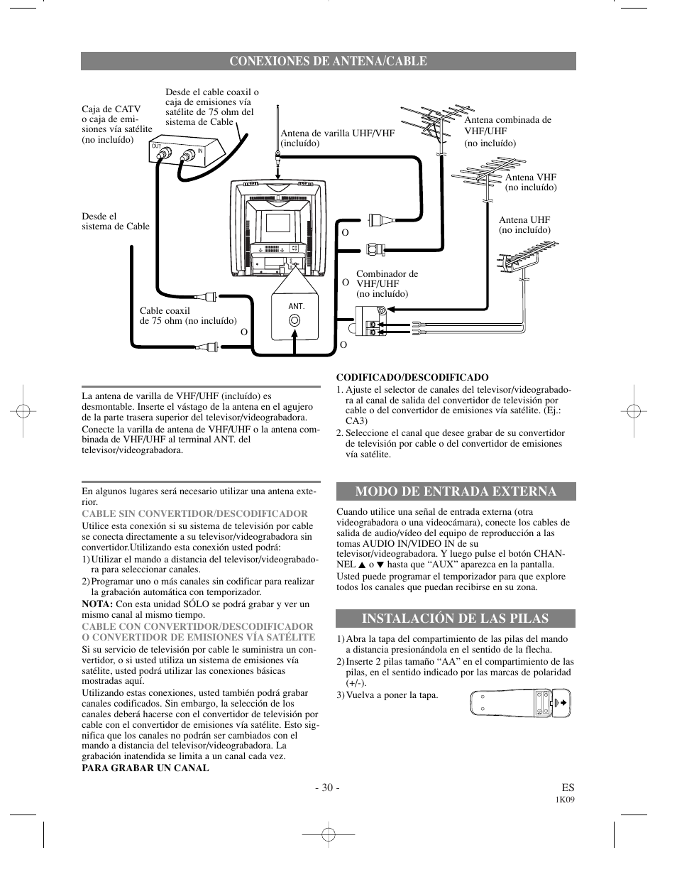 Conexiones de antena/cable, Modo de entrada externa, Instalación de las pilas | Sylvania SRC2213 User Manual | Page 30 / 32